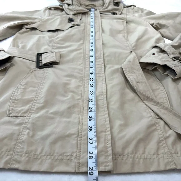 Tommy Hilfiger Trench Coat Belted Jacket Hidden Hood Beige Tan Medium M - Picture 16 of 17